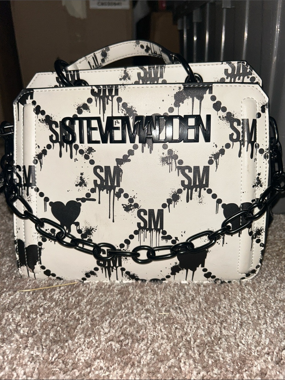 Steve Madden White and Black Logo Chain Satchel Bag